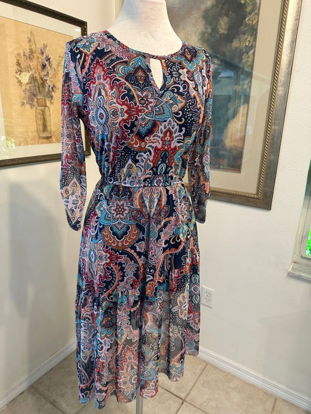 Harlow & Rose Navy Multicolor Geometric Asymmetrical Hem Dress Size Medium - Picture 7 of 15